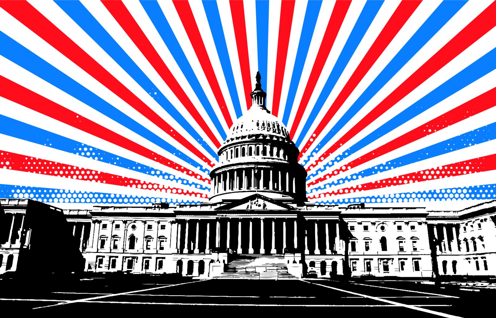 Vector image of red and blue stripes flying out from the Capitol Building